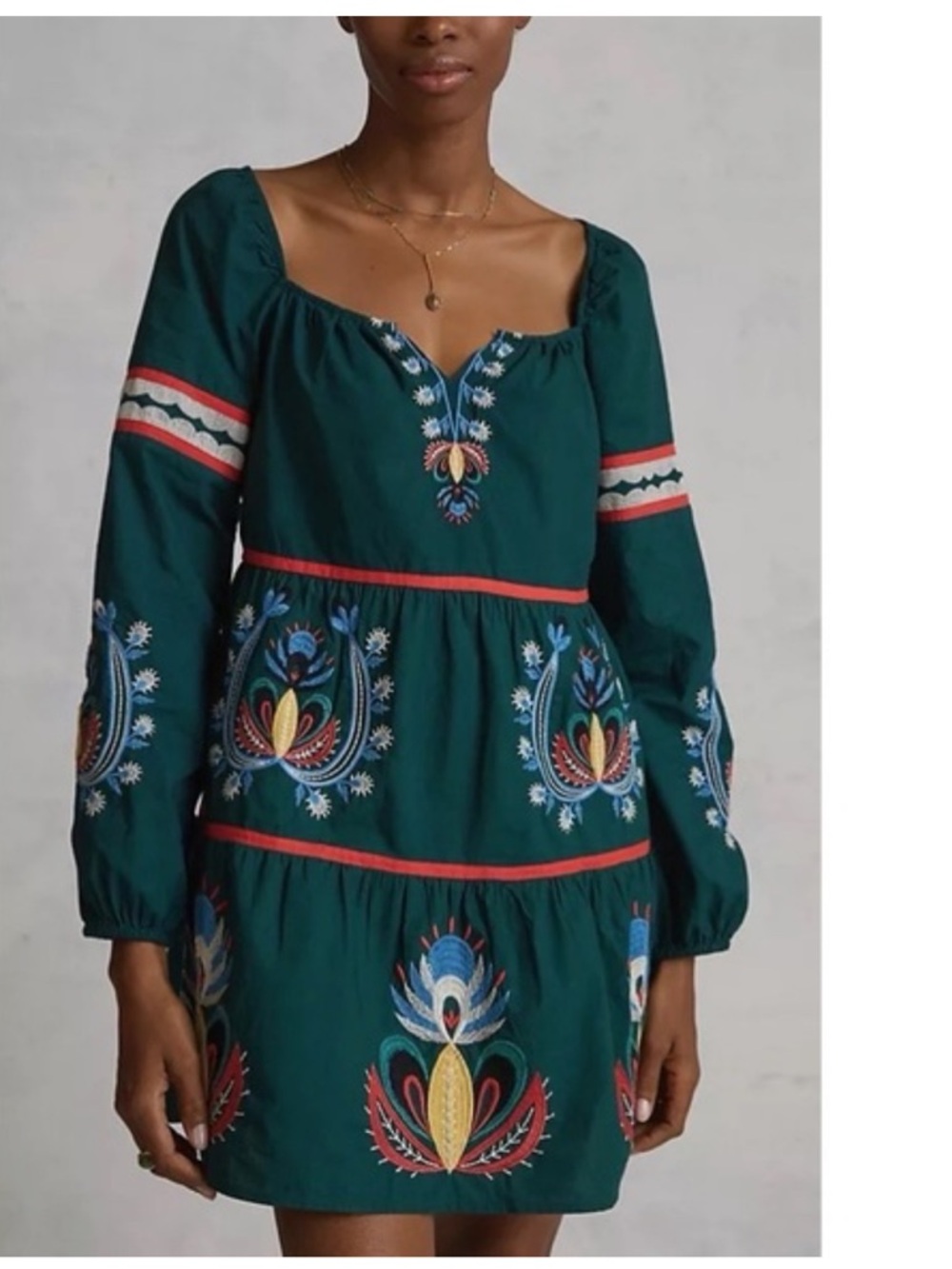 Anthropology Let Me Be Embroidered Green Peasant Mini Dress